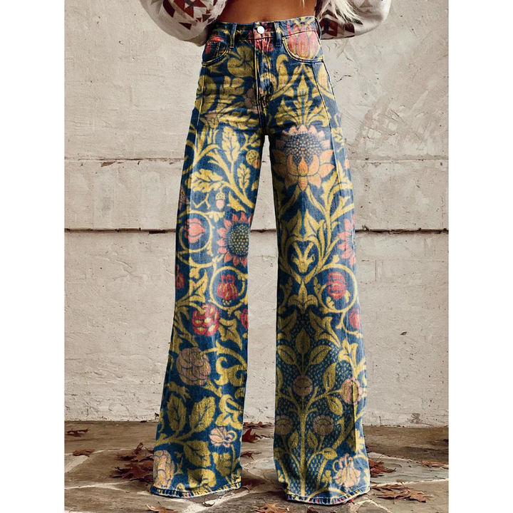 Luchtige zomerbroek: dames wijde pijpen broek met trendy bloemen- of luipaardprint. Ademend polyester.