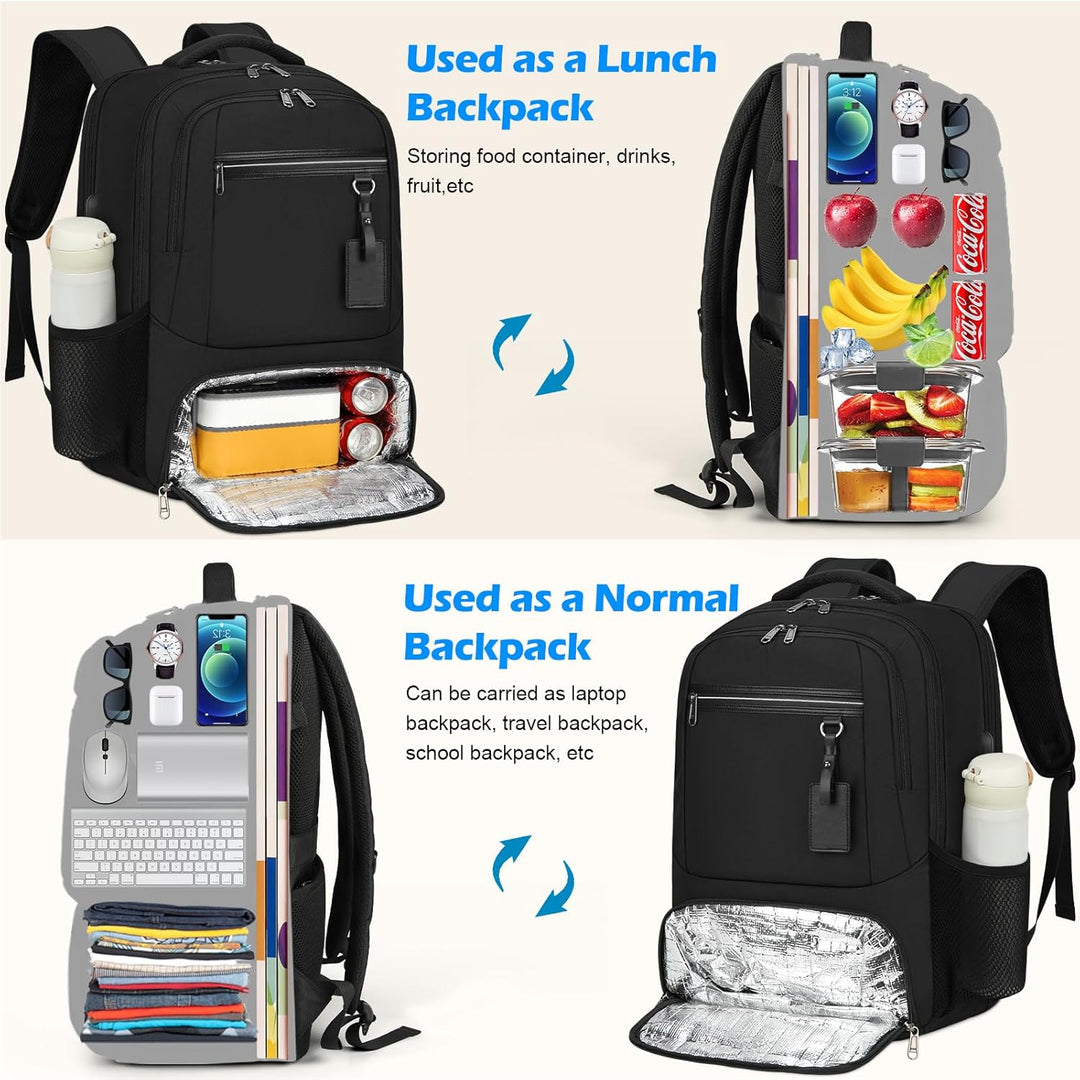 Compacte waterdichte rugzak voor dagelijks gebruik, met laptop- en koelvak voor lunch.