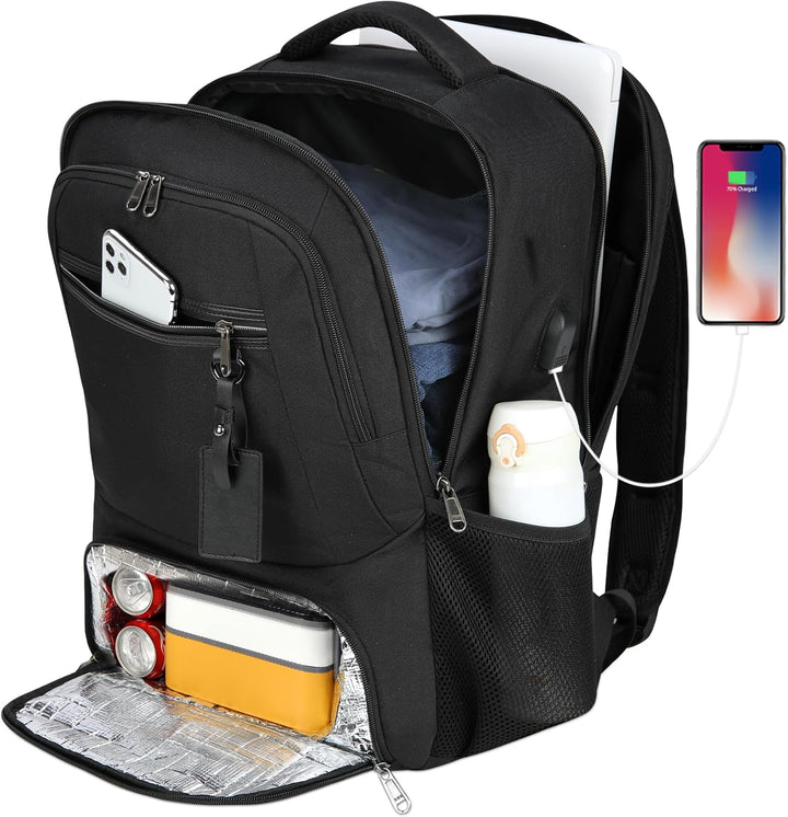 Georganiseerde unisex rugzak, waterdicht, met laptopbescherming, lunchvak & USB-poort.