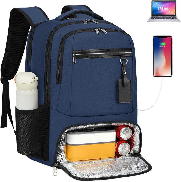 Waterdichte laptoprugzak met geïsoleerd lunchvak, USB-oplader; ideaal voor onderweg.