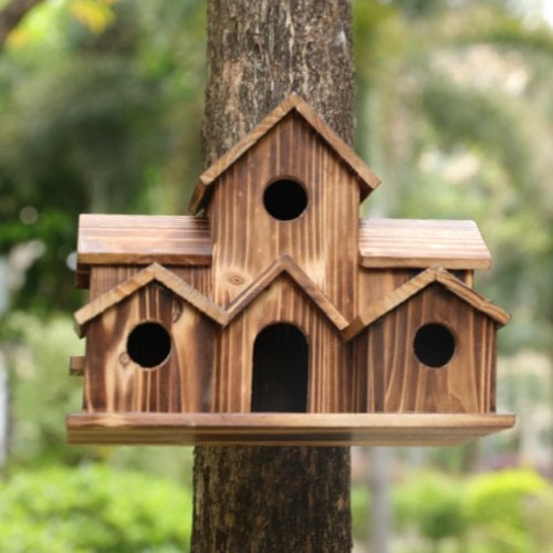 Tuinvogel betreedt veilig houten vogelhuisje; duurzame nestkast biedt broedplaats voor vogelbescherming.
