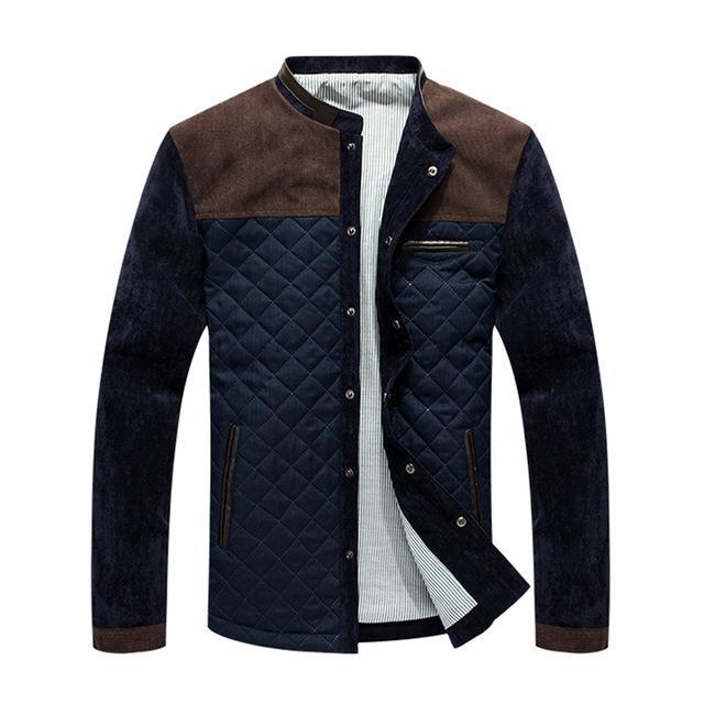 Heren casual herfstjack met stijlvol patchwork ontwerp, ritssluiting en mandarijnkraag. Slimfit bovenkleding.