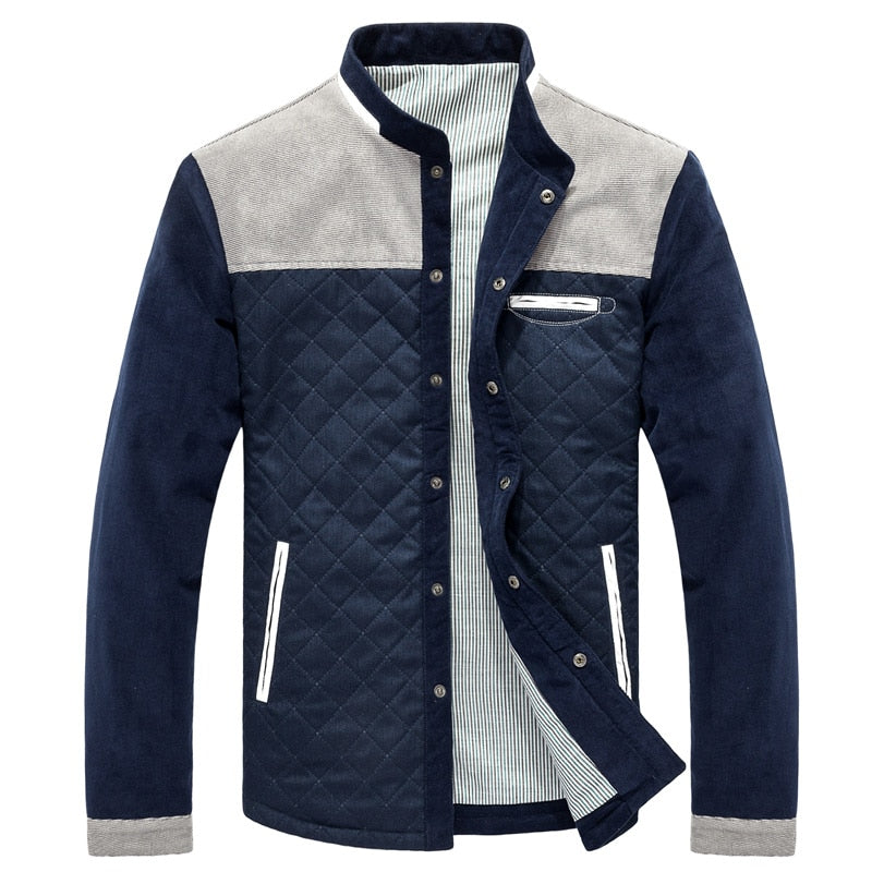 Trendy heren casual zipjack met patchwork en mandarijnkraag. Dit slimfit herfstjack is stijlvolle bovenkleding.