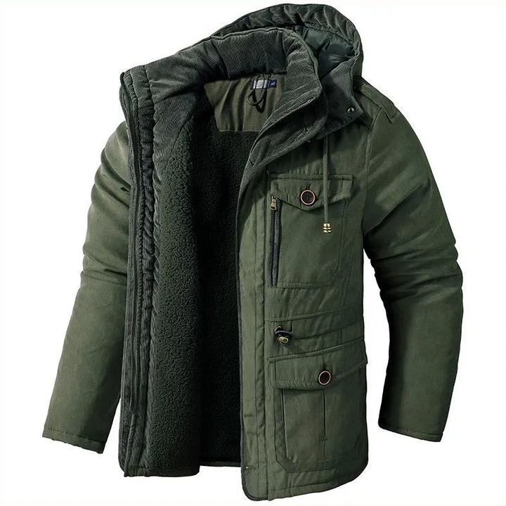 Marineblauwe heren winterjas, type parka. Winddicht en warm met voering. Stijlvolle casual outdoor jas.