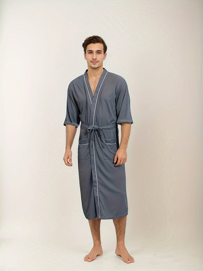 "Noah stijlvolle korte mouw herenbadjas, effen kleur, V-hals, dubbele zakken, comfortabele stof, accessoire heren."
