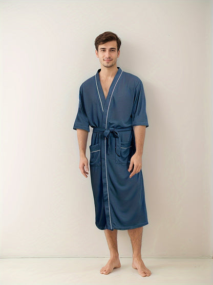 "Noah stijlvolle korte mouw herenbadjas, effen kleur, V-hals, dubbele zakken, comfortabele stof, accessoire heren."