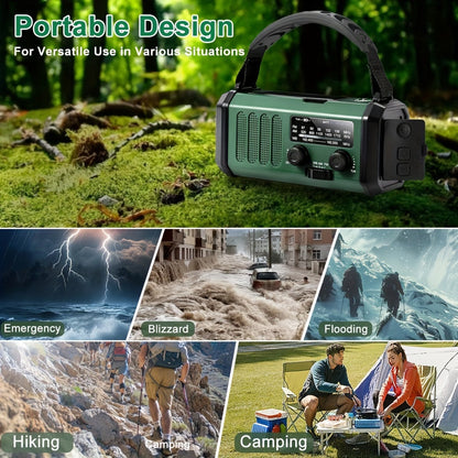 "Noodradio met 10000mAh batterij, zonnepaneel, handdynamo, AM/FM-radio, SOS-alarm en zaklamp, in compact design"