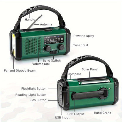 "Noodradio met 10000mAh batterij, zonnepaneel, handdynamo, AM/FM-radio, SOS-alarm en zaklamp, in compact design"