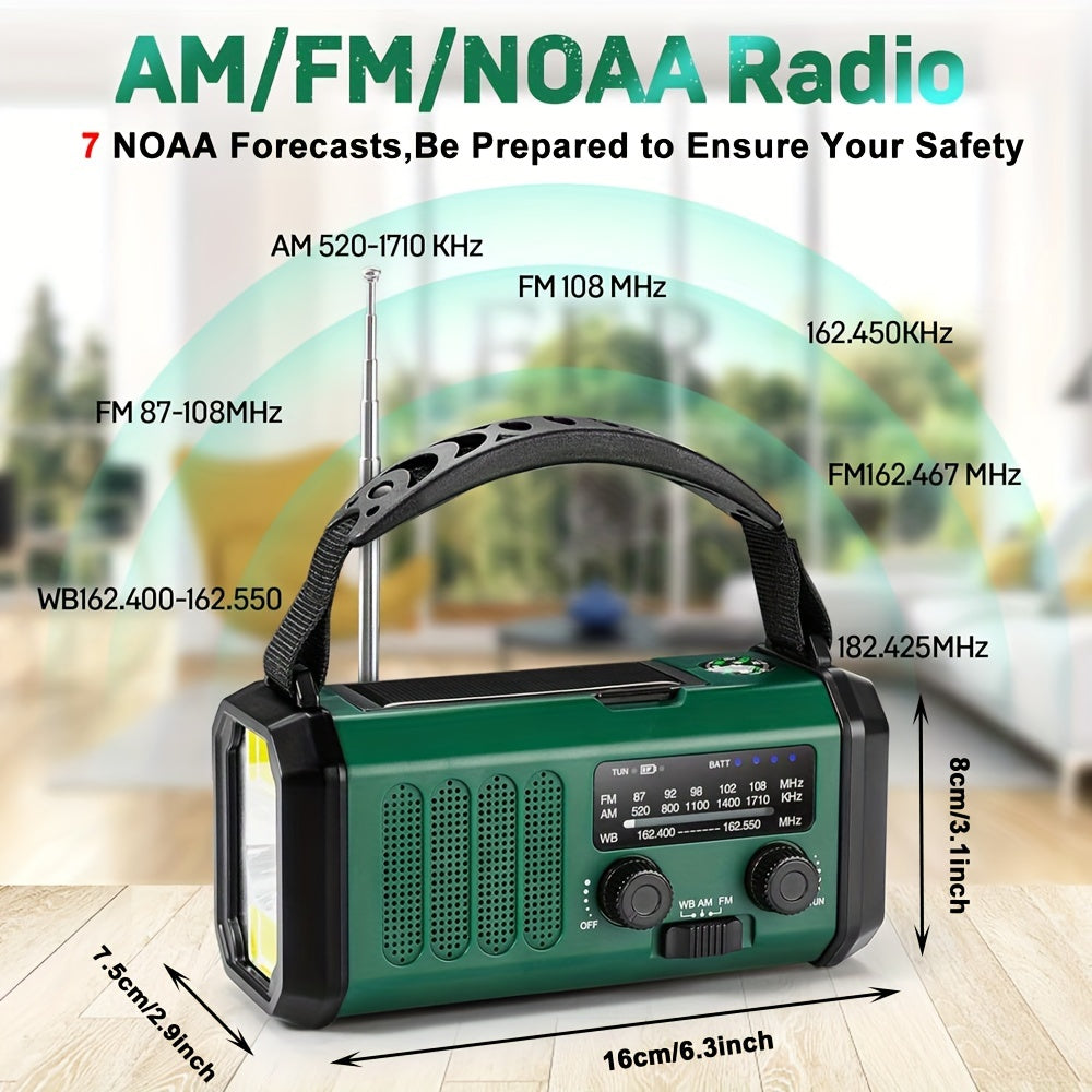 "Noodradio met 10000mAh batterij, zonnepaneel, handdynamo, AM/FM-radio, SOS-alarm en zaklamp, in compact design"