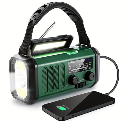 "Noodradio met 10000mAh batterij, zonnepaneel, handdynamo, AM/FM-radio, SOS-alarm en zaklamp, in compact design"