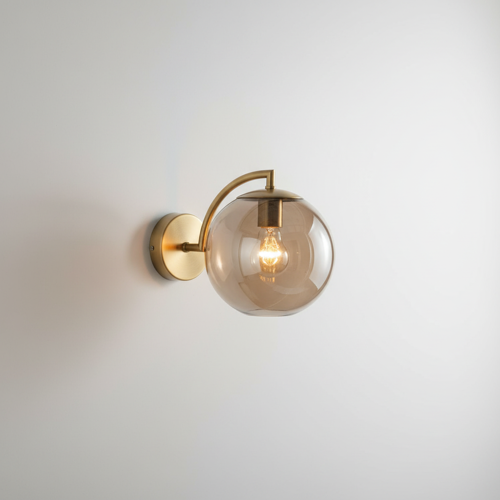 Sfeervolle AuraOrb wandlamp, dimbare LED verlichting voor een warm, minimalistisch interieur.
