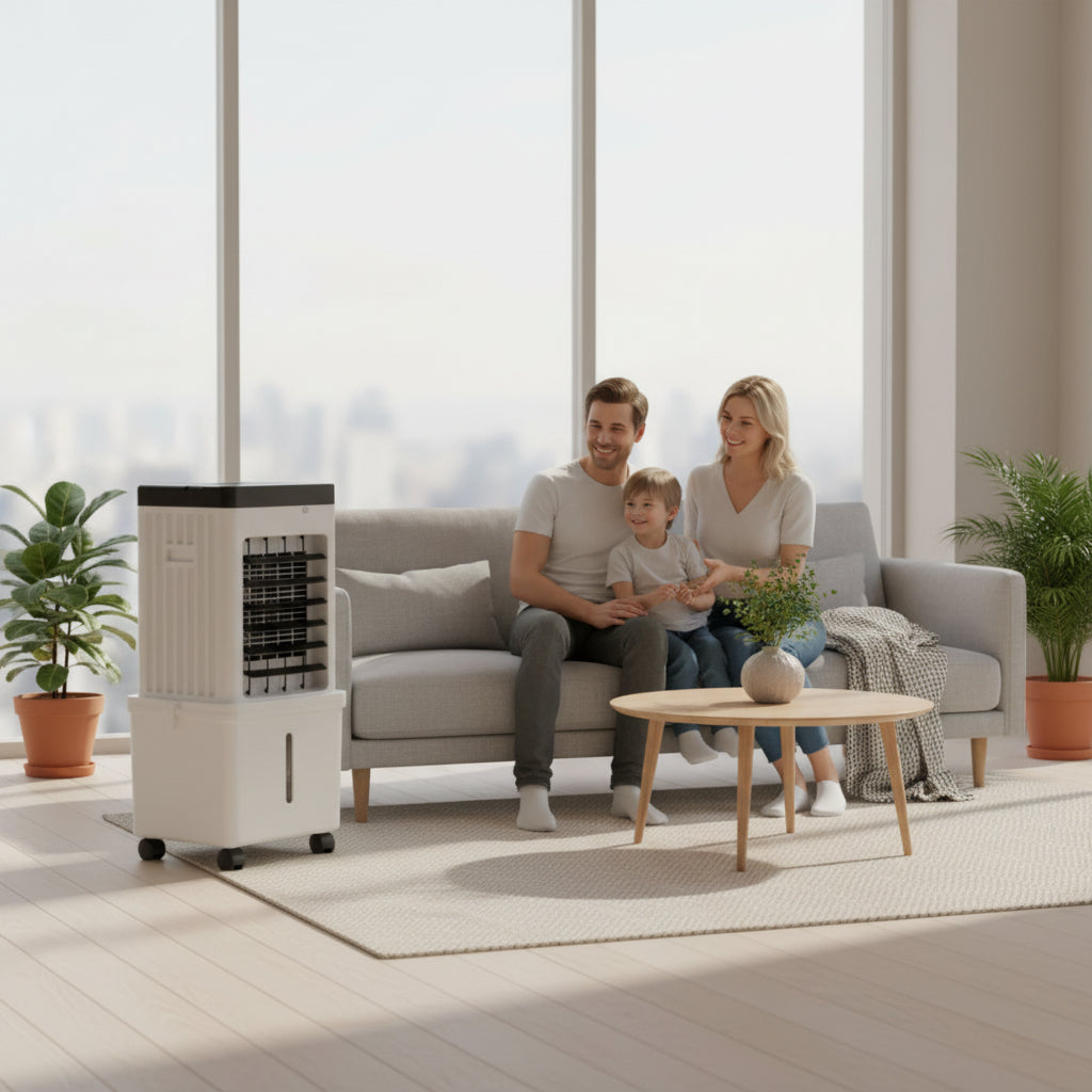 MBERN mobiele luchtkoeler en bevochtiger, ideaal voor een comfortabel binnenklimaat. Verkoelende ventilatorfunctie.