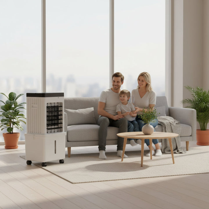 MBERN mobiele luchtkoeler en bevochtiger, ideaal voor een comfortabel binnenklimaat. Verkoelende ventilatorfunctie.