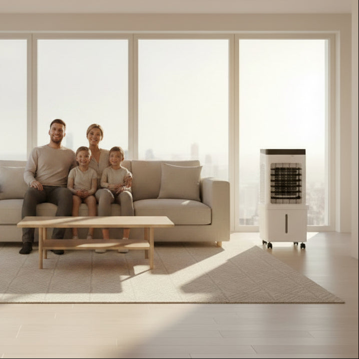 Stijlvolle MBERN luchtkoeler met bevochtiger en ventilator. Gebruik met ijs voor extra verkoeling in uw huishouden.