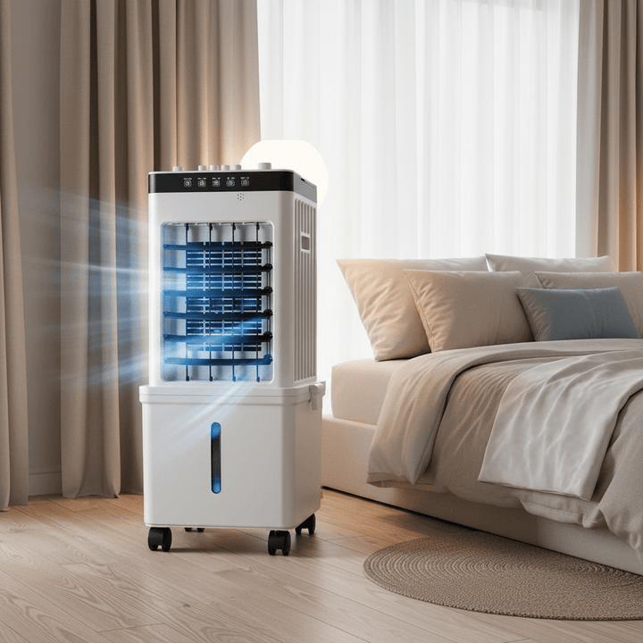 Compacte en draagbare MBERN luchtkoeler met ventilator, perfect voor verkoeling in huis of op kantoor tijdens de zomer.
