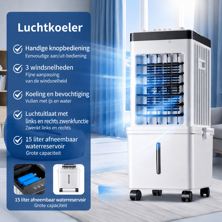 Ervaar direct verkoeling met de MBERN luchtkoeler: een stille ventilator en bevochtiger voor uw binnenklimaat.