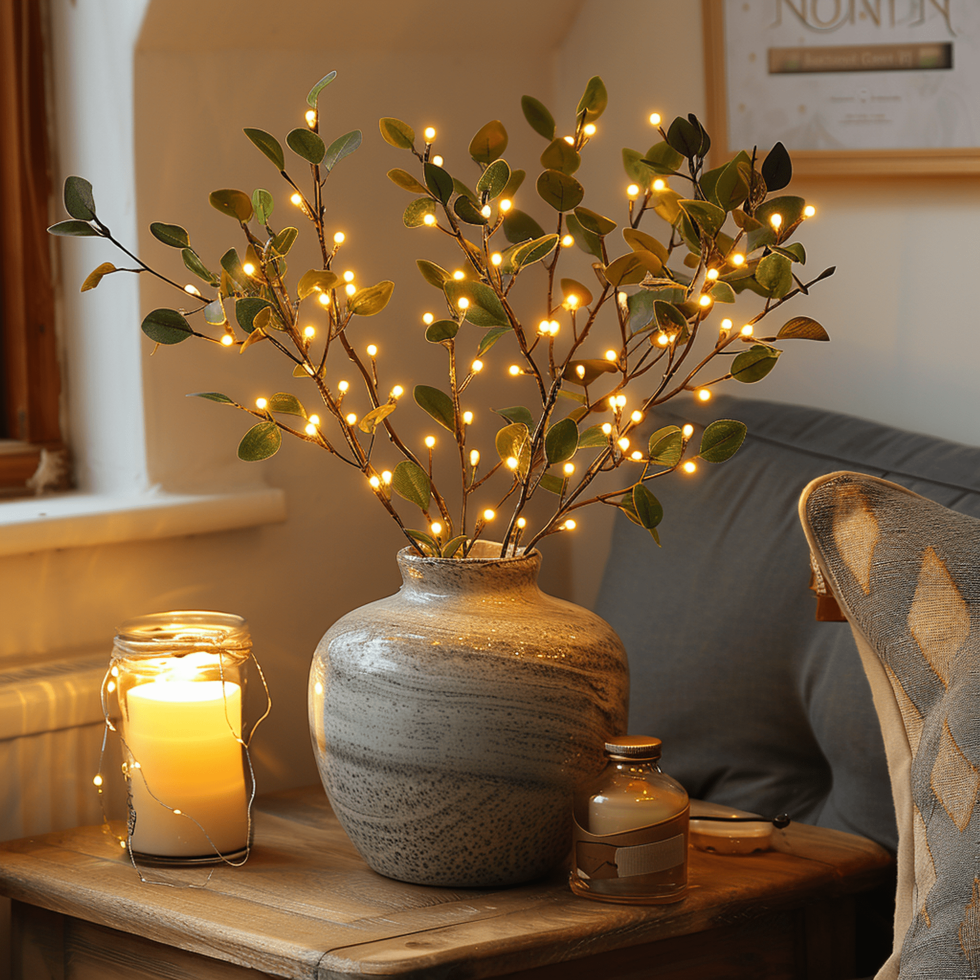 Olijftak verlichtingsdecoratie met 120 warme LED's, natuurlijke sfeer, realistische takken, ideaal voor interieurdecoratie.
