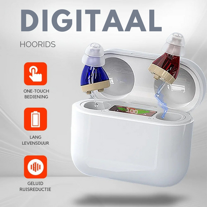 "Onzichtbaar Aurio hoortoestel in het oor, ergonomisch design, kristalhelder geluid, comfortabel en discreet gebruik."