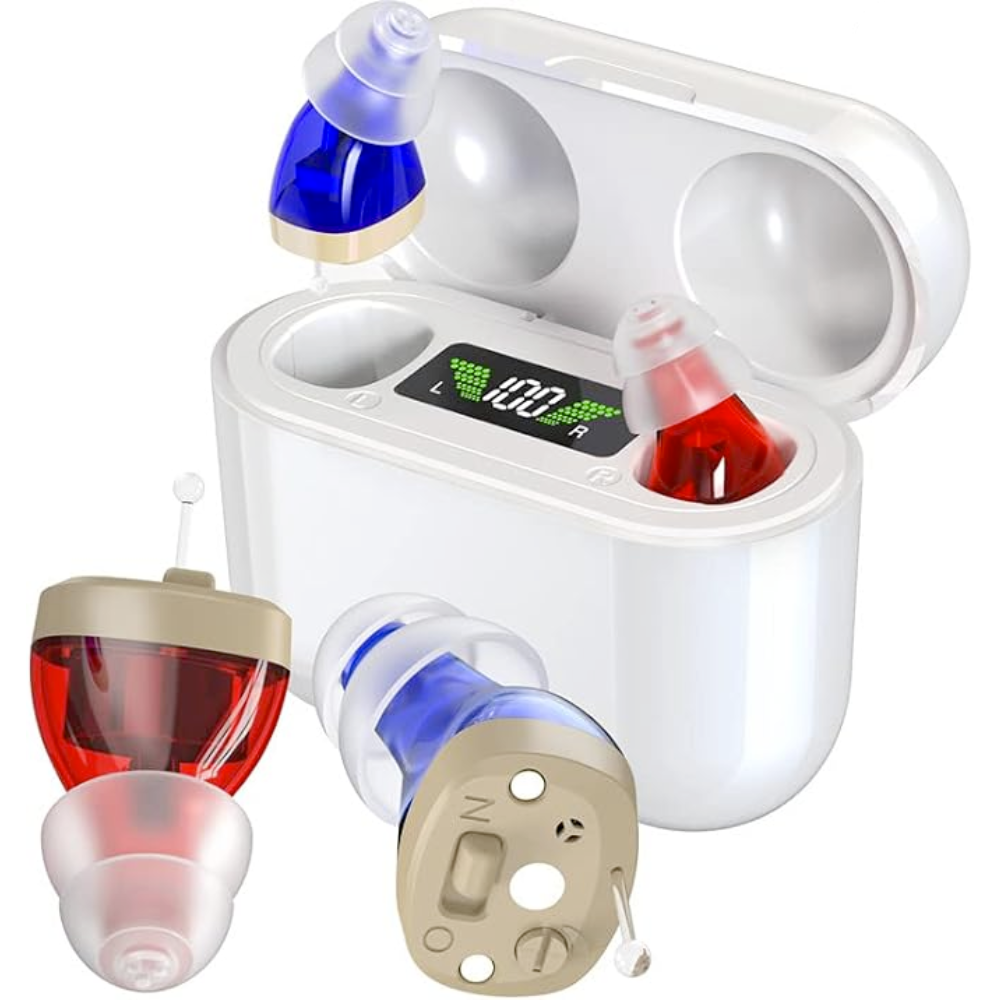 "Onzichtbaar oplaadbaar hoortoestel, compact en comfortabel, voor discrete gehoorverbetering bij gehoorverlies, 20 uur gebrui