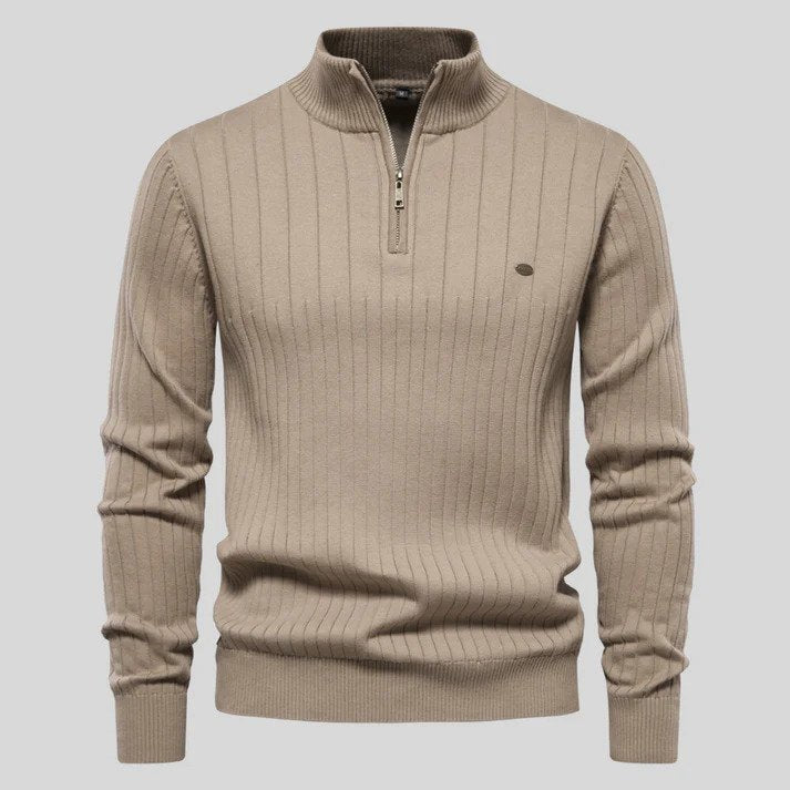 Hoogwaardige half-zip mannentrui, comfortabel en modern. Essentiële herenmode voor winterkleding, ideaal voor najaar.