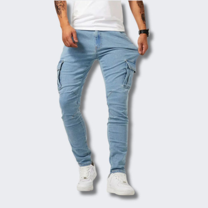Multifunctionele heren slim-fit cargobroek in grijs, zwart of lichtblauw. Duurzaam en comfortabel.