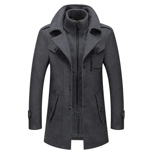 Stijlvolle luxe heren winterjas met elegante kraag in diepzwart, perfect voor koud weer en herenmode.