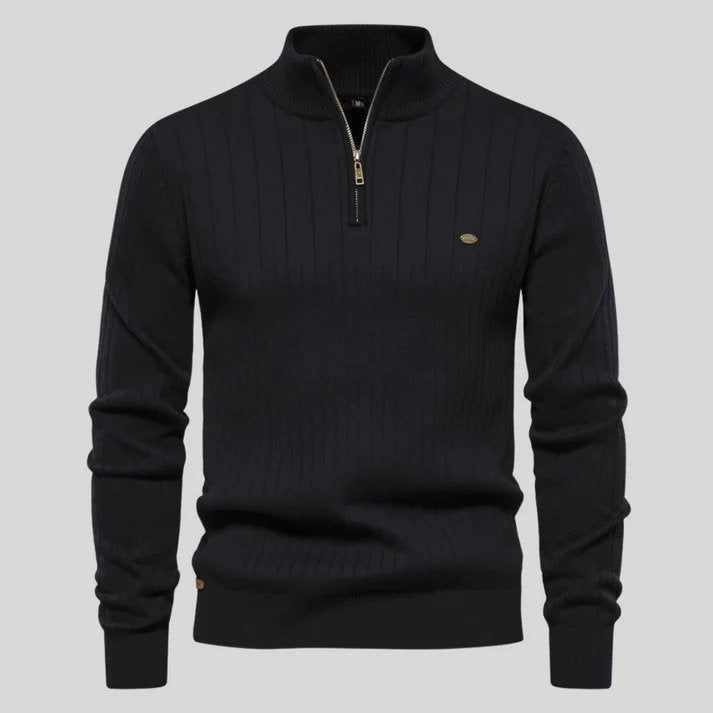 Comfortabele grijze mannen half-zip trui. Zacht, stijlvol en veelzijdig voor casual herenmode, perfect voor najaar en winter.