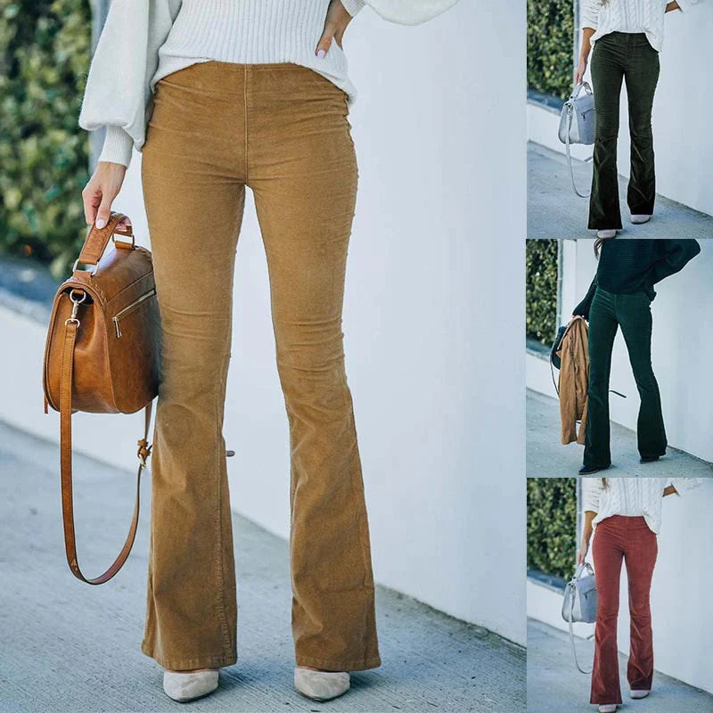 Nieuwe collectie: Dames retro ribfluwelen flared broek met hoge taille. Trendy en comfortabele dameskleding.