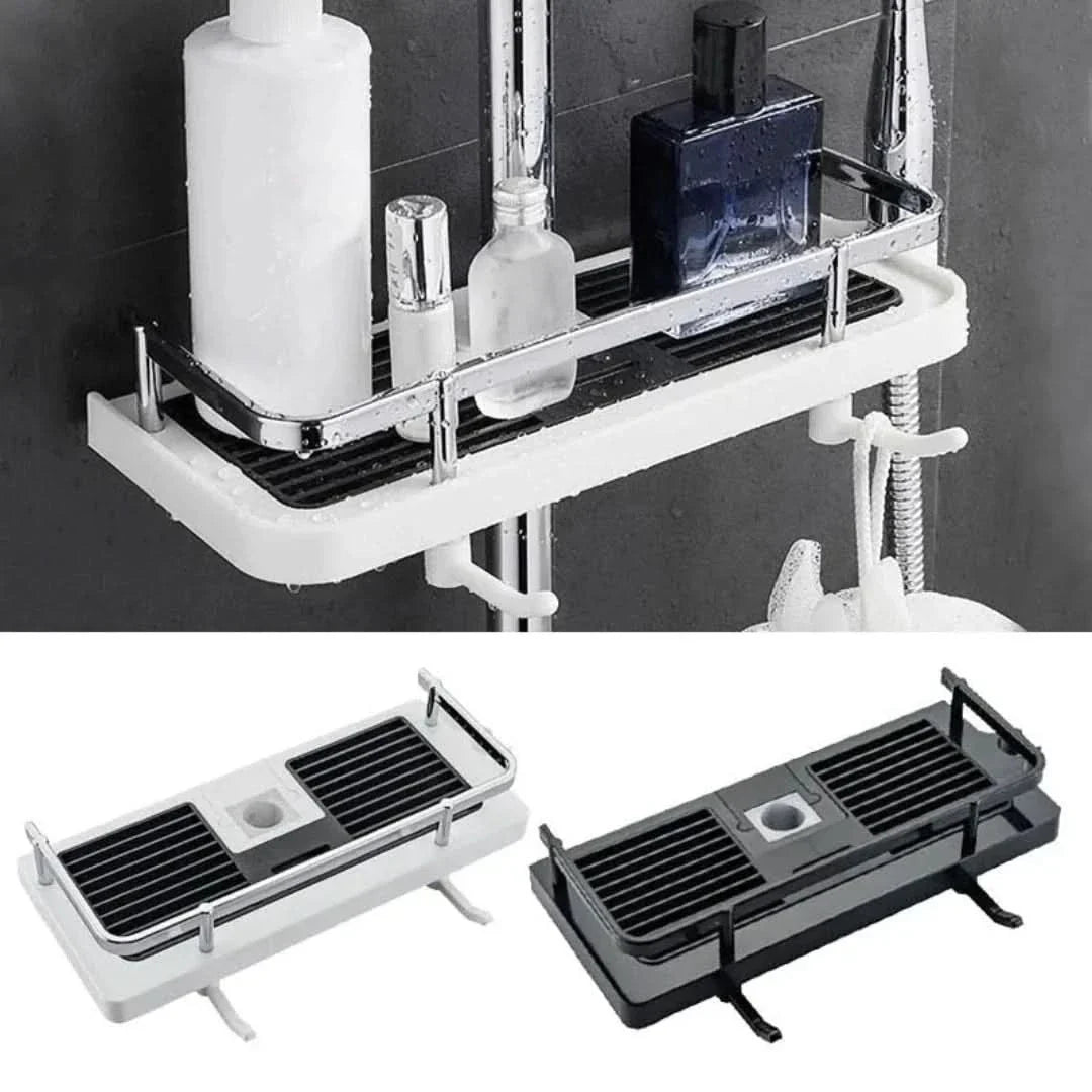 Wit ponsloos opbergrek voor badkamer, ideaal voor shampoo en accessoires, zonder boren te installeren.