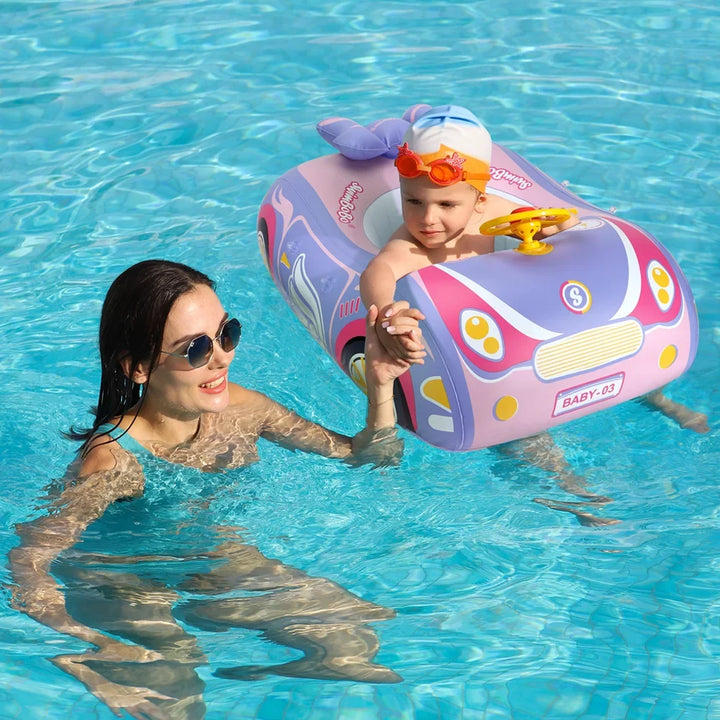 Opblaasbare baby zwemring met afneembaar zonnescherm, ideaal voor veilige zonbescherming in water.