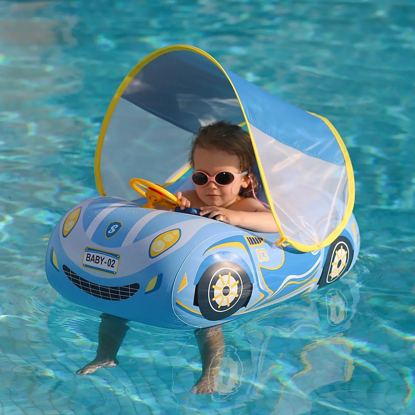 "Opblaasbare baby zwemring met zonnescherm, blauwe kleur, ergonomisch design, geschikt voor veilig en comfortabel zwemmen."