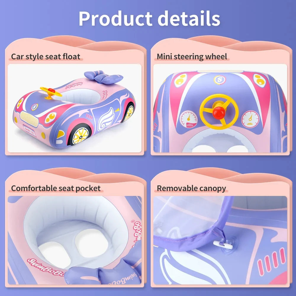 Comfortabele baby zwemring met zonnescherm, opblaasbaar en veilig voor zwembad of strandplezier.