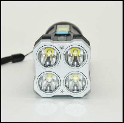 "Oplaadbare waterbestendige zaklamp met 4 krachtige LED's, compact ontwerp en meerdere lichtstanden voor buitengebruik."