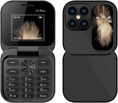 "Opvouwbare dual SIM mini telefoon in blauw, stijlvol design met HD-camera en zaklamp, geschikt voor reizen en back-up."