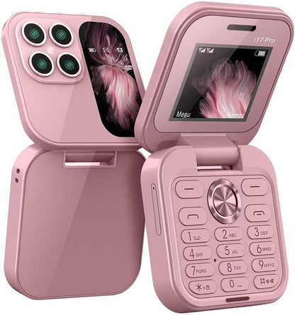 "Opvouwbare dual SIM mini telefoon in blauw, stijlvol design met HD-camera en zaklamp, geschikt voor reizen en back-up."