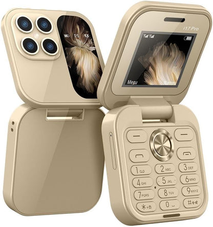 "Opvouwbare dual SIM mini telefoon in blauw, stijlvol design met HD-camera en zaklamp, geschikt voor reizen en back-up."