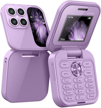 "Opvouwbare dual SIM mini telefoon in blauw, stijlvol design met HD-camera en zaklamp, geschikt voor reizen en back-up."