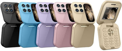 "Opvouwbare dual SIM mini telefoon in blauw, stijlvol design met HD-camera en zaklamp, geschikt voor reizen en back-up."