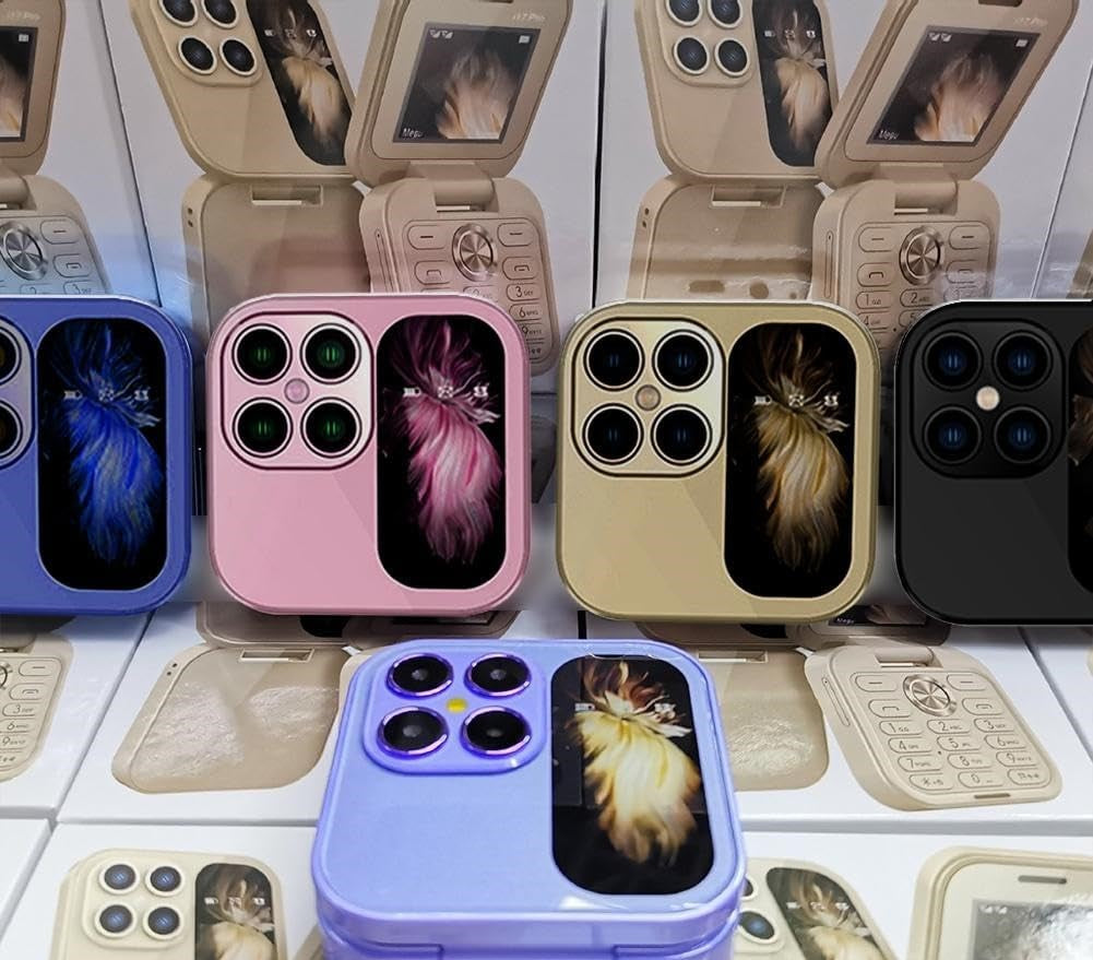 "Opvouwbare dual SIM mini telefoon in blauw, stijlvol design met HD-camera en zaklamp, geschikt voor reizen en back-up."