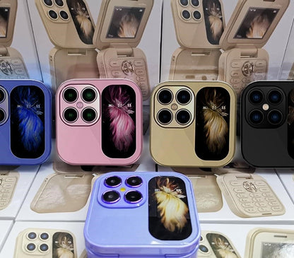 "Opvouwbare dual SIM mini telefoon in blauw, stijlvol design met HD-camera en zaklamp, geschikt voor reizen en back-up."