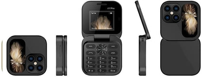 "Opvouwbare dual SIM mini telefoon in blauw, stijlvol design met HD-camera en zaklamp, geschikt voor reizen en back-up."