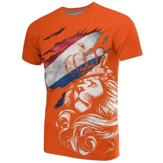 "Oranje Koningsdag T-shirt heren, levendige kleur, oversized fit, ademend polyester, iconische print, vieringen."