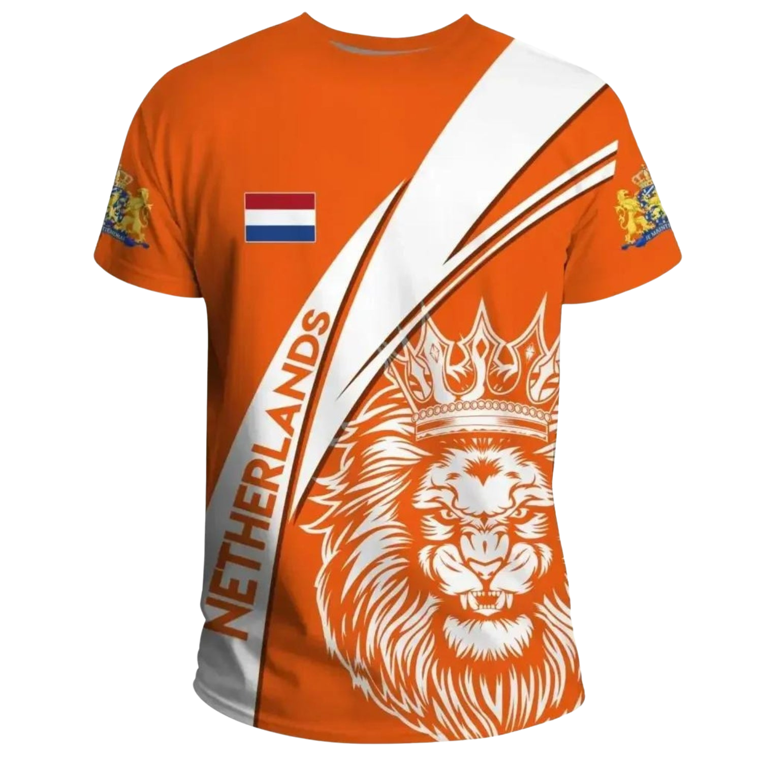"Oranje Koningsdag T-shirt heren, levendige kleur, oversized fit, ademend polyester, iconische print, vieringen."