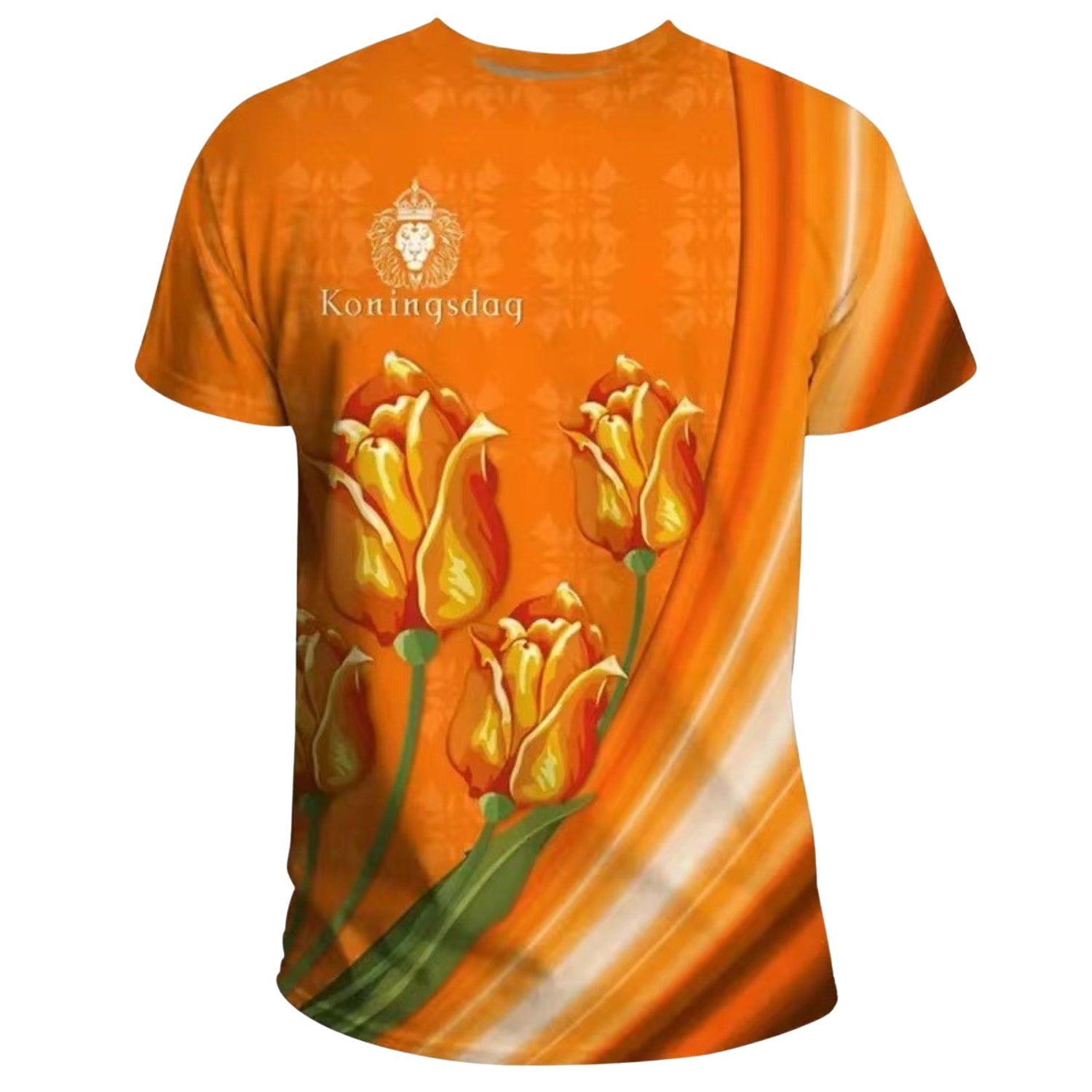 "Oranje Koningsdag T-shirt heren, levendige kleur, oversized fit, ademend polyester, iconische print, vieringen."