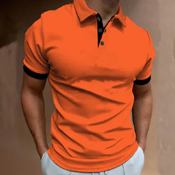 "Oranje polo shirt heren, contrasterende afwerking, slim fit, sportieve stijl voor kantoor en casual gelegenheden."