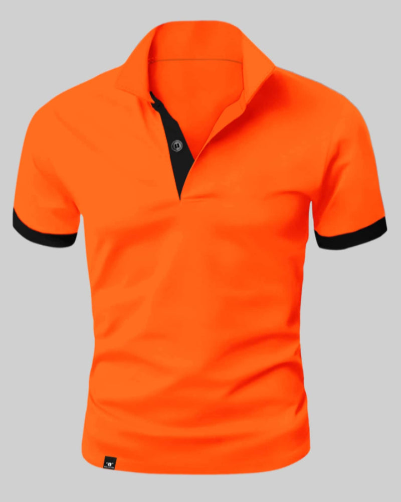 "Oranje polo shirt heren, contrasterende afwerking, slim fit, sportieve stijl voor kantoor en casual gelegenheden."