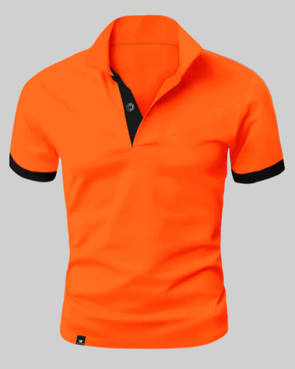 "Oranje polo shirt heren, contrasterende afwerking, slim fit, sportieve stijl voor kantoor en casual gelegenheden."