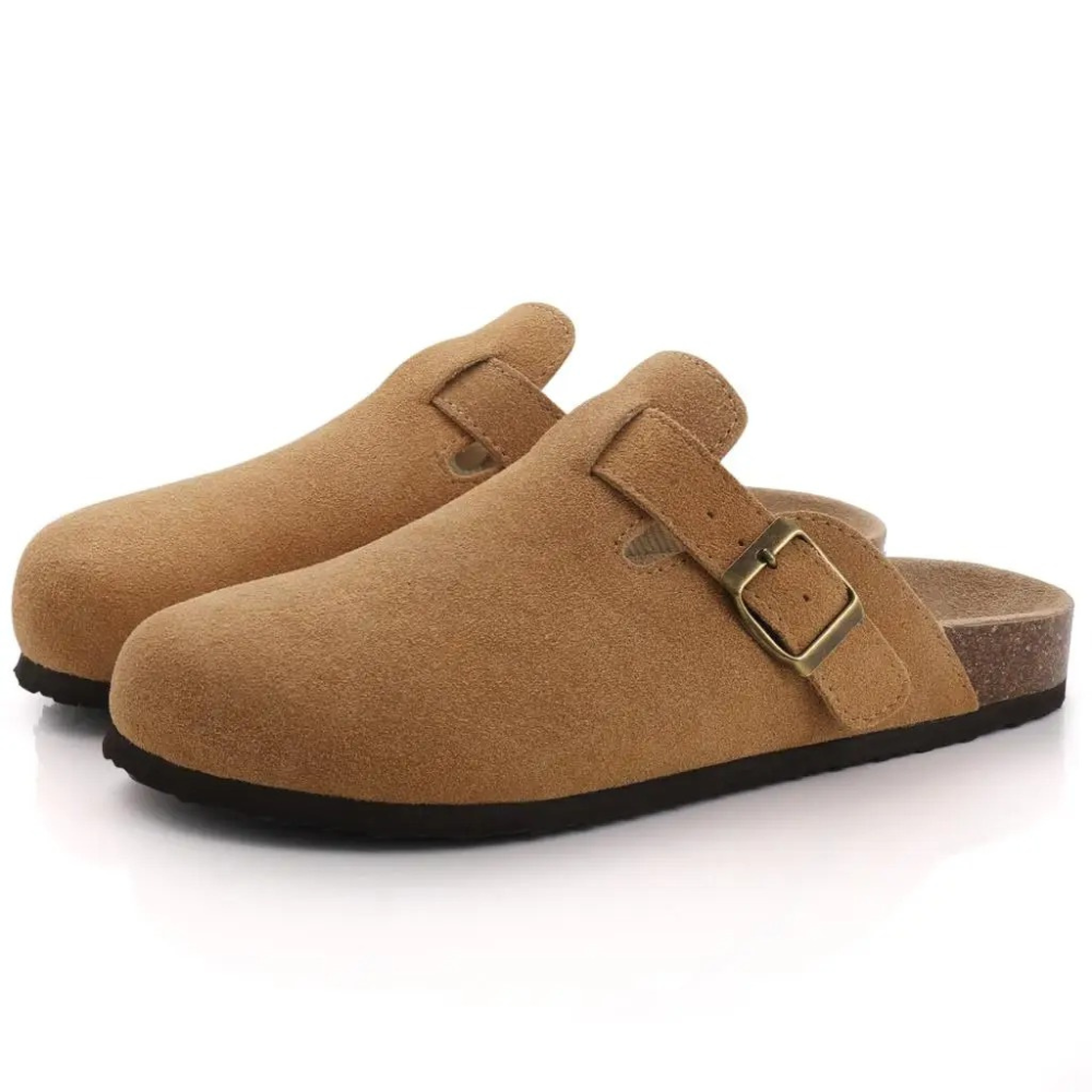 Dames comfort slippers, ideaal voor thuis of buiten, met orthopedisch kurk voetbed.