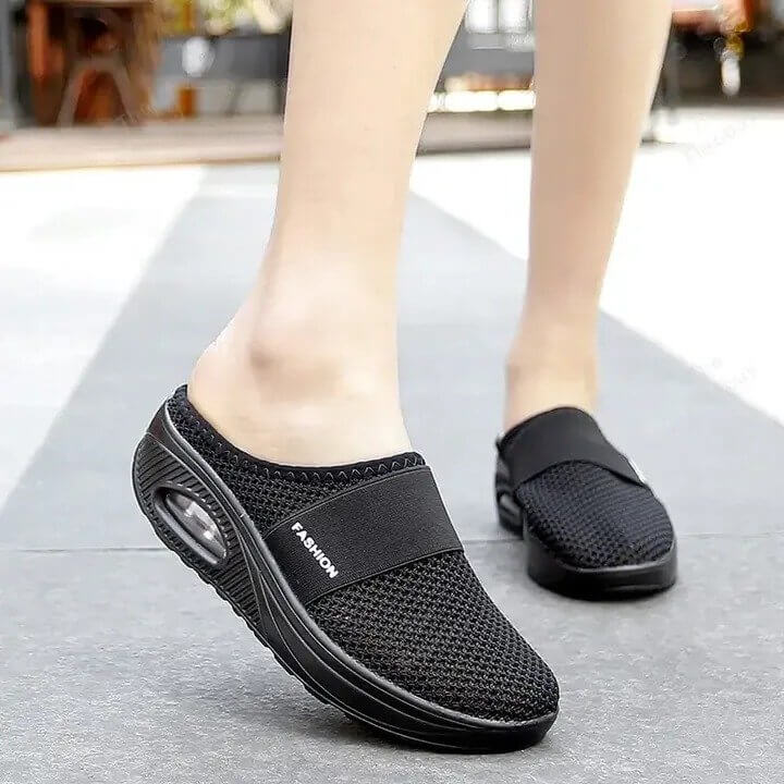 "Orthopedische luchtkussen sneakers, ademend mesh, ronde teen, comfortabele dames schoenen, zijaanzicht"