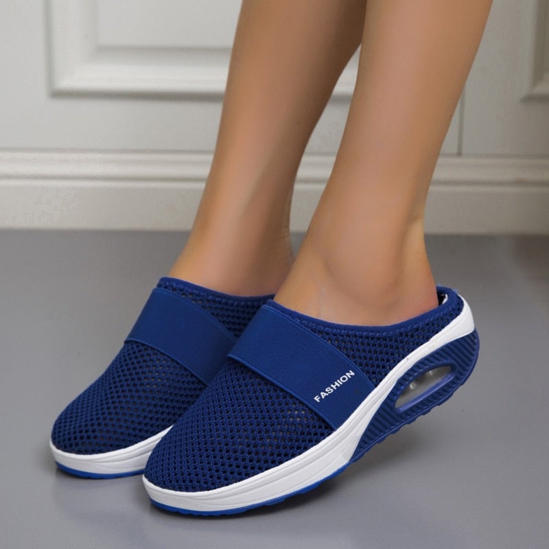 "Orthopedische luchtkussen sneakers, ademend mesh, ronde teen, comfortabele dames schoenen, zijaanzicht"